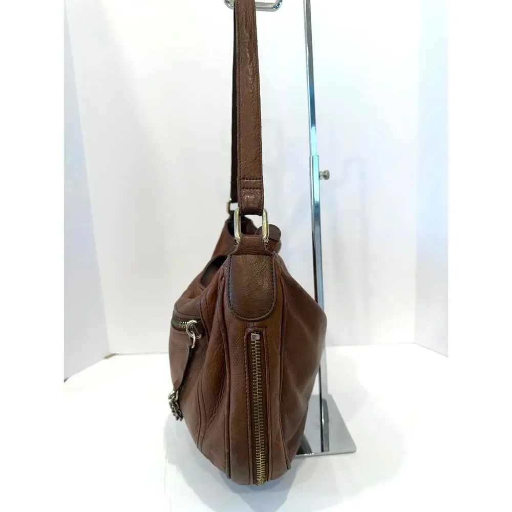 Halogen Brown Leather Medium Chain Accent Expanding Crossbody Purse‎ Bag